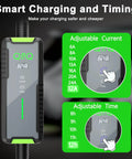 Level 2 Portable EV Charger With 32A Adjustable Amps, 240V NACS Plug And Play Design For Tesla adjustable current and time settings display.