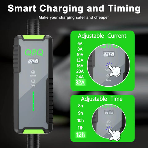 Level 2 Portable EV Charger With 32A Adjustable Amps, 240V NACS Plug And Play Design For Tesla adjustable current and time settings display.
