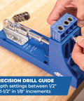 Close-up of a Pocket Hole Jig System With R3 Jig Drilling Guide And Dust Collection Pro Grade showing depth settings.