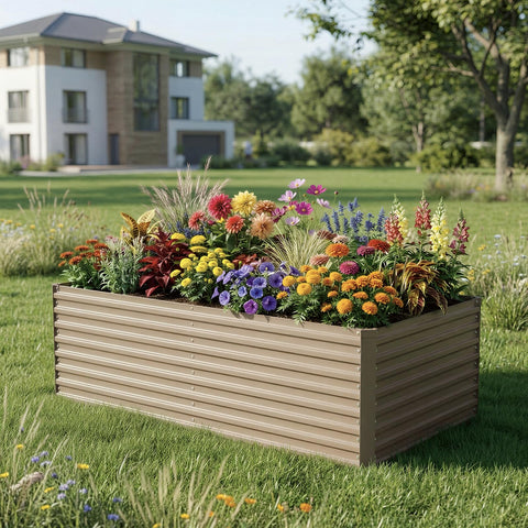Galvanized Raised Garden Bed Kit For Vegetables Flowers And Herbs Tall Metal Garden Bed With Tools Gloves Plant Labels Brown 6x3x2 Ft Deep 2 Ft Soil Capacity filled with colorful flowers