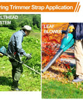 Built Tough Shoulder Strap For Weed Trimmer And Leaf Blower Nylon Belt With Durable Metal Clip Compatible With Greenworks String Trimmers And Multi Head Systems Black, shown in use with multi-head system and leaf blower.