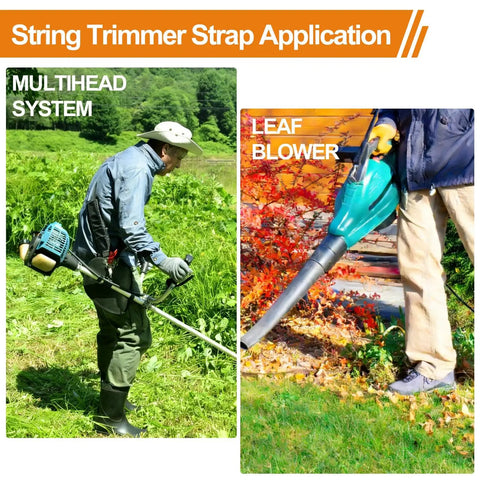 Built Tough Shoulder Strap For Weed Trimmer And Leaf Blower Nylon Belt With Durable Metal Clip Compatible With Greenworks String Trimmers And Multi Head Systems Black, shown in use with multi-head system and leaf blower.
