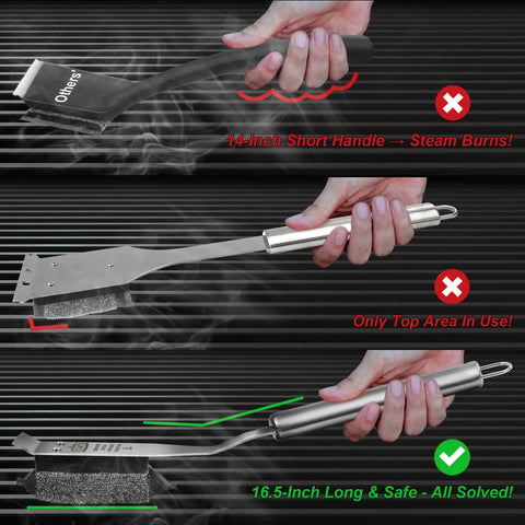 Bristle Free Grill Brush For Outdoor Grills No Wire Bristles Safe Clean With Replaceable Head Scraper Tool - Three grips comparison