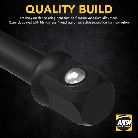 Impact Grade Socket Adapter Set With 12 Inch Extension Bit Holder Three Piece One Quarter Inch Three Eighth Inch And One Half Inch Drive To Convert Your Drill Into A Heavy Duty Impact Wrench Built From Heat Treated Chrome Vanadium Steel close-up of socket end.