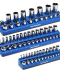 Magnetic Socket Organizer Tray Set For One Quarter, Three Eighths, And One Half Inch Drive Sockets, 75 Slot Capacity, Heavy Duty Blue Holder