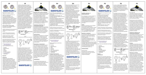 Hansfields label insert showing multilingual installation diagrams for pressure gauges with Hansfields logo