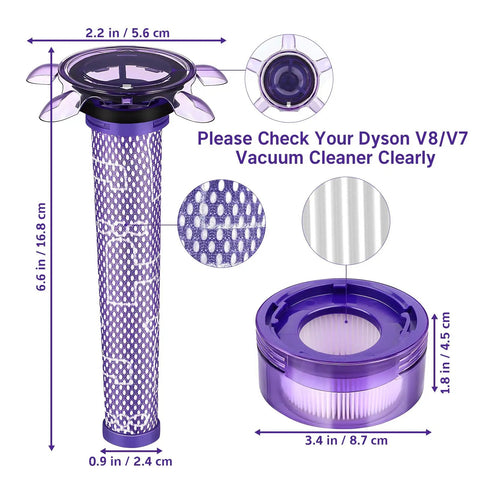 Upgraded V8 Vacuum Filter Compatible With V8 V7 New Version SV25 SV37 Cordless Mattress Vacuum Cleaners, dimensions shown