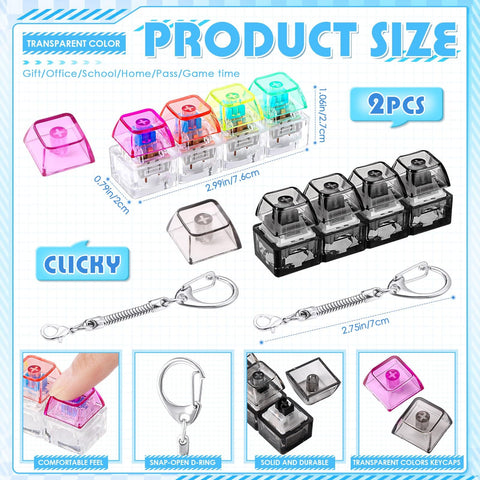 2 Pack 4 In 1 Keyboard Fidget Clicker Toys For Adults Silent And Loud Dual Sound Keychain Cube Stress Relief For Office Or Home Transparent Colors In Pastel Hues Fidget Fix Desk Sidekick