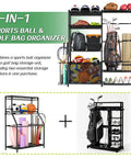 2-in-1 Garage Sports Gear Organizer With Golf Bag Storage Rack Heavy Duty Ball Organizer with various sports equipment.