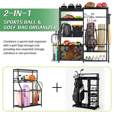 2-in-1 Garage Sports Gear Organizer With Golf Bag Storage Rack Heavy Duty Ball Organizer with various sports equipment.
