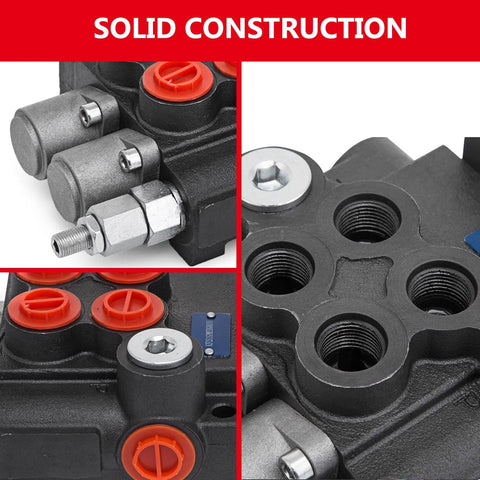 2-spool hydraulic joystick control valve; black steel body with red caps, threaded ports, front/side views for tractors