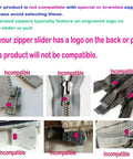 Image showing various incompatible zipper sliders for the 12 Pack Zipper Pull Replacement Kit Size 5 With Locking Sliders.
