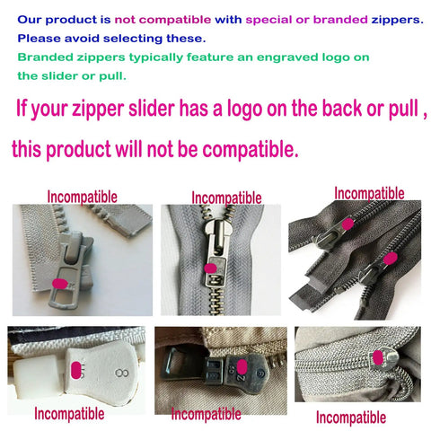 Image showing various incompatible zipper sliders for the 12 Pack Zipper Pull Replacement Kit Size 5 With Locking Sliders.