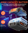 21V Cordless Drill Kit with 2Ah Li-Ion Battery showcasing cooling system and charging time/icons, purple background