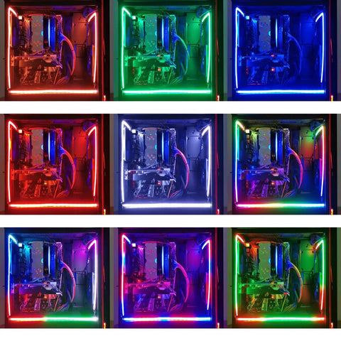 PC case with Addressable RGB LED Strip Kit With Silicon Diffused Neon Tubing displaying various vibrant neon colors
