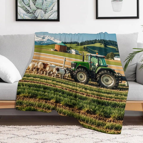 Milk Farm Flannel Throw Blanket 55x70 Inch Cozy Soft Lightweight Plush For Couch Bed Sofa with tractor and farm scene