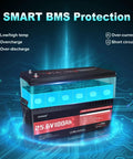 Image of a 25.6V 100Ah LiFePO4 Battery for RVs, solar, off grid, and backup power, highlighting smart BMS protection features.