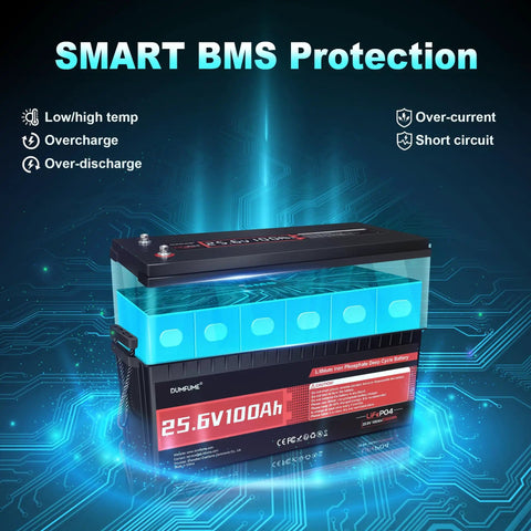 Image of a 25.6V 100Ah LiFePO4 Battery for RVs, solar, off grid, and backup power, highlighting smart BMS protection features.
