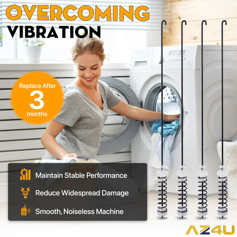 Woman using washer with 4 Pack Washer Suspension Rod Kit Replacement For Top Loaders Compatible With Amana, Whirlpool, Maytag, Kenmore Washers.