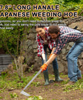 People using Japanese Weeding Sickle Hoe with adjustable long handle for standing weeding in a garden, ergonomic design shown.