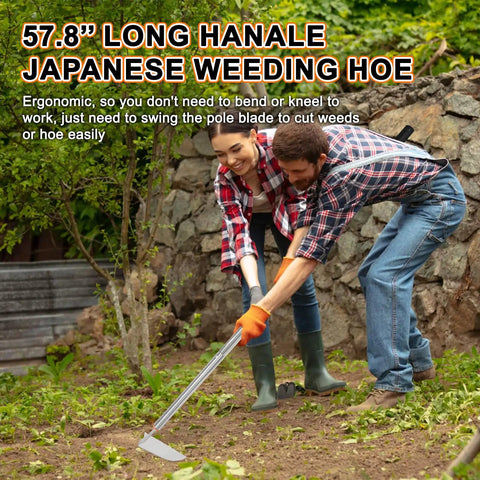 People using Japanese Weeding Sickle Hoe with adjustable long handle for standing weeding in a garden, ergonomic design shown.