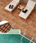 Teak Deck Tiles Interlocking Outdoor Patio Tiles Pack Of Nine installed by pool with interlocking base detail.