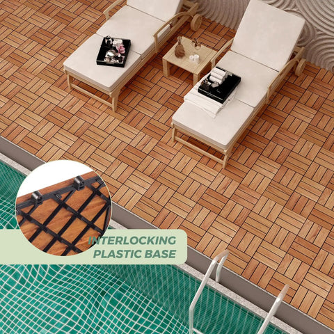 Teak Deck Tiles Interlocking Outdoor Patio Tiles Pack Of Nine installed by pool with interlocking base detail.