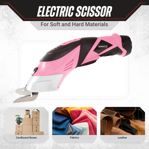 Handle Every Project Task Without Breaking A Sweat With These Cordless Electric Scissors designed for slicing fabric and cardboard in pink.