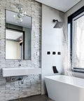 Bathroom with Three Handle Matte Black Tub And Shower Faucet Set With Waterfall Spout Four Point Eight Inch Tub Spout Trim Kit