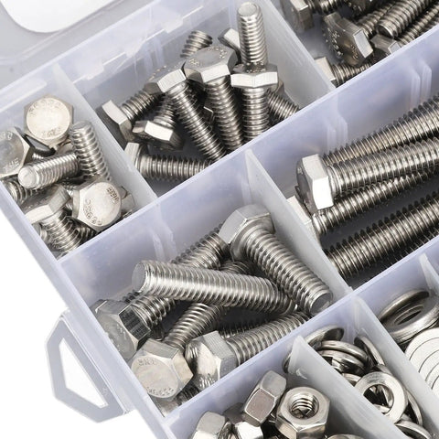 246 Piece Stainless Steel Hex Bolts Nuts And Washers Assortment Kit In Durable Storage Box For Household Appliances, Furniture, Doors, Garages, Outdoor Structures, And Automotive Maintenance close-up
