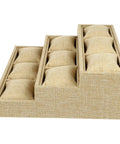Top Tier Nine Grid Trapezoid Watch Tray Made From Premium Linen Burlap Jewelry Organizer displaying nine soft pillow sections.