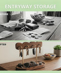 Before and after of cluttered table vs organized Lux Walnut Wave Entryway Organizer With Four Gold Hooks And Valet Tray For Keys Jewelry.