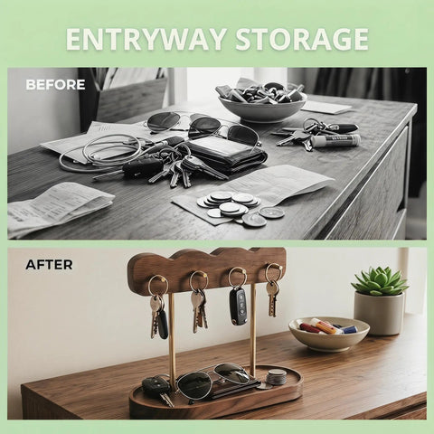 Before and after of cluttered table vs organized Lux Walnut Wave Entryway Organizer With Four Gold Hooks And Valet Tray For Keys Jewelry.