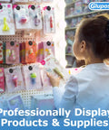 Child shopping for beauty products on a pegboard wall display in a store.
