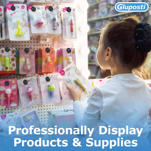 Child shopping for beauty products on a pegboard wall display in a store.
