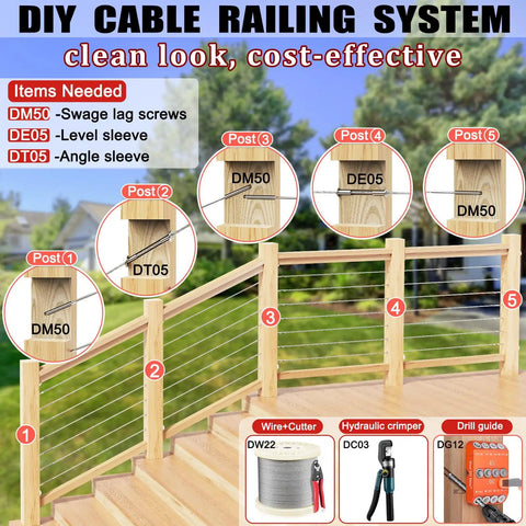 DIY cable railing system using Beefed-Up 550 Ft One Eighth Inch T316 Stainless Steel Cable for Railing Kit, DM50 posts shown.