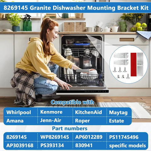Woman loading dishwasher with Granite Countertop Dishwasher Mounting Kit Two Sets With Granite Grabbers And Screws shown.