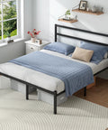 Solid As A Rock Full Size Metal Platform Bed Frame With Headboard And Footboard Featuring Steel Slats For Ultra Comfy Mattress Support No Box Spring Needed Zero Squeaks And Hassle Free Setup In Black, showing cozy bedding.