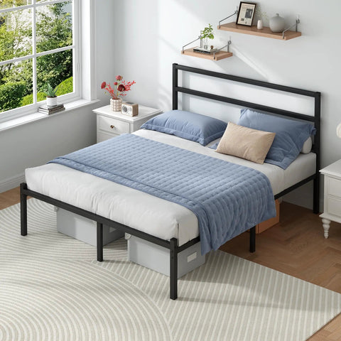 Solid As A Rock Full Size Metal Platform Bed Frame With Headboard And Footboard Featuring Steel Slats For Ultra Comfy Mattress Support No Box Spring Needed Zero Squeaks And Hassle Free Setup In Black, showing cozy bedding.
