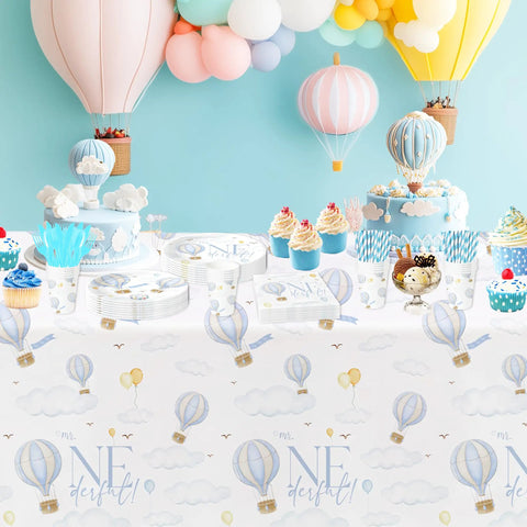 Blue Hot Air Balloon First Birthday Tablecloth Set 3 Pack Disposable Table Covers 55x86 Inches Baby Boy Party Decor