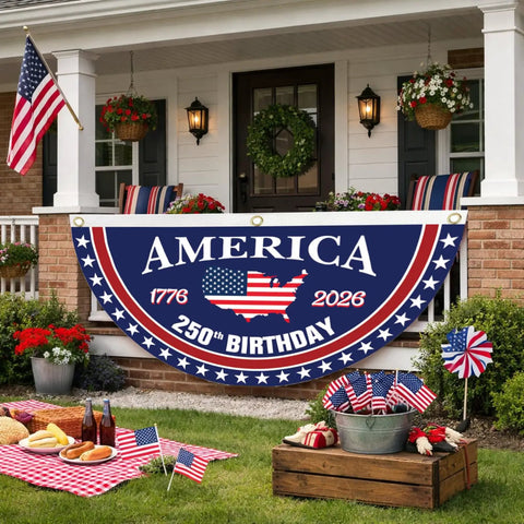 Patriotic 250th Birthday Bunting Flags Set For USA Fans Anniversary Fan Banner 1776 To 2026 Two By Four Feet Navy Blue Red White