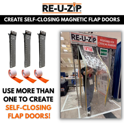 Magnetic Dust Barrier Entry Strip Kit For Plastic Sheeting Hands Free Self Closing Zipper Alternative shown in use at an event