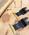 EZARC titanium oscillating tool blades, two black metal blades with gold teeth for metal and wood cutting