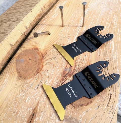 EZARC titanium oscillating tool blades, two black metal blades with gold teeth for metal and wood cutting