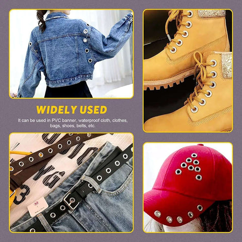Uses of All In One 123 Pcs Grommet Eyelet Kit With 60 Washers And 1 Punch Tool on jacket, boots, belt, and cap for DIY projects