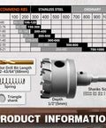 METOTY 19-pc carbide hole saw kit for metal with titanium pilot and L-wrench; depth 1/2 in, 10 mm and 13 mm shanks.