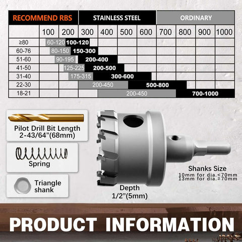 METOTY 19-pc carbide hole saw kit for metal with titanium pilot and L-wrench; depth 1/2 in, 10 mm and 13 mm shanks.