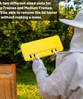 Beekeeper holding yellow part from Beekeeping Uncapping Kit With Tank Holder And Plastic Scraper Tool Serrated Knife Set