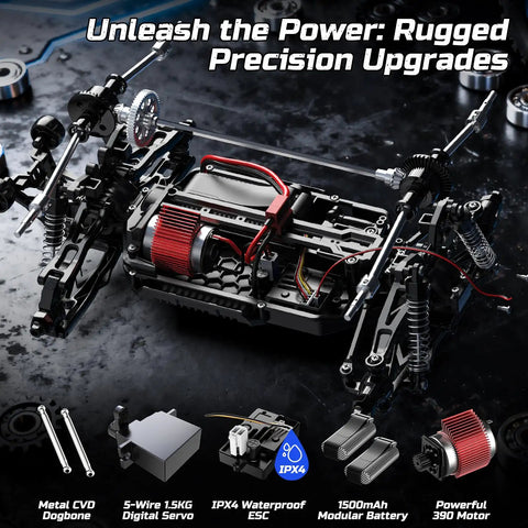 One Twelve Scale Fast RC Truck With Dual Batteries 45 KPH 4WD Off Road Monster RC Car frame and components close-up
