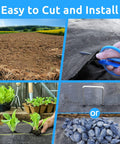 Collage showing Heavy Duty Black Weed Barrier Fabric 6 Ft By 300 Ft Premium 3.5 Oz Woven Ground Cloth being cut and installed in gardens.
